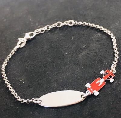 Pulseira para criança com carro de Fórmula 1 em prata de lei, personalizável 