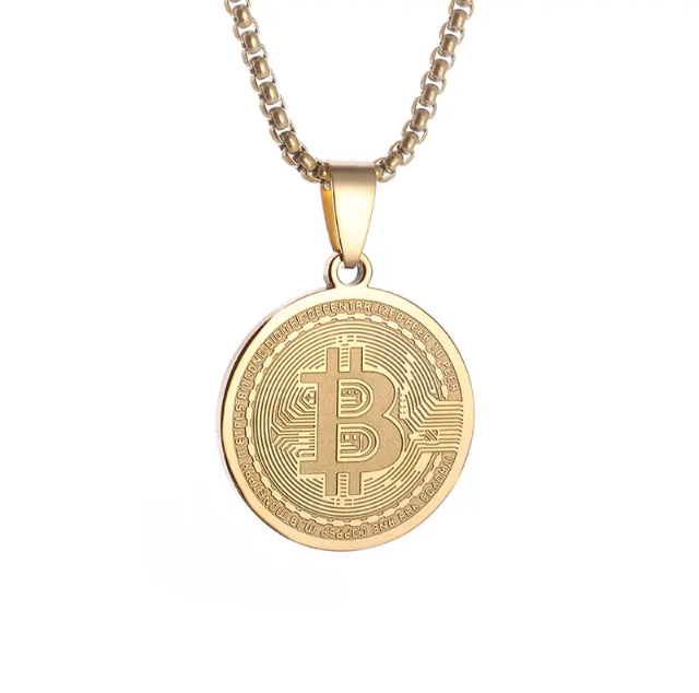 Colar de medalha Bitcoin em aço com banho de ouro  