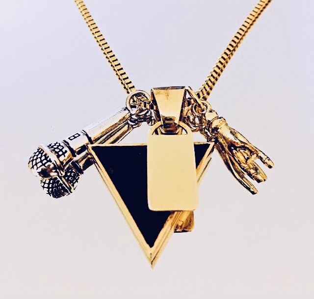 Rock necklace with patented triangle pendant, microphone, horns  